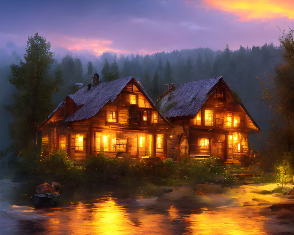 Scenic illuminated cottage by river at dusk