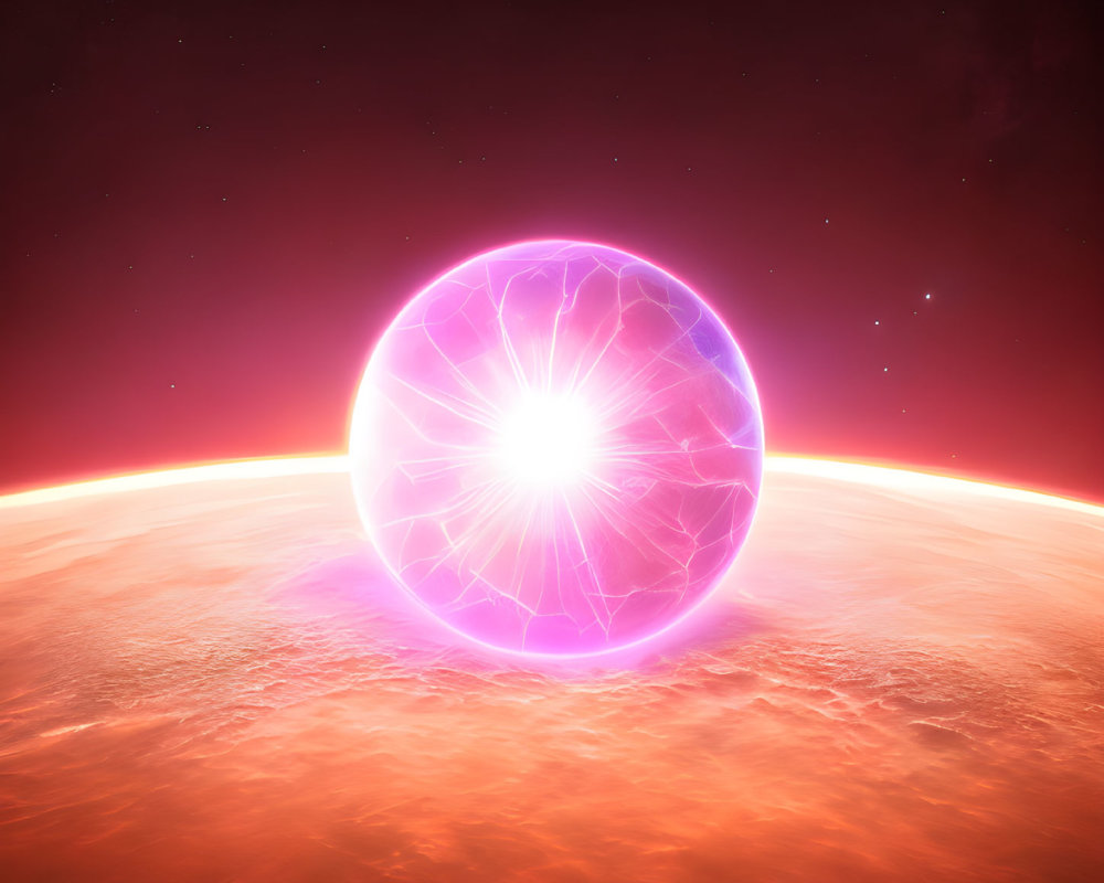 Plasma-like Sphere Above Red Planet on Starry Sky