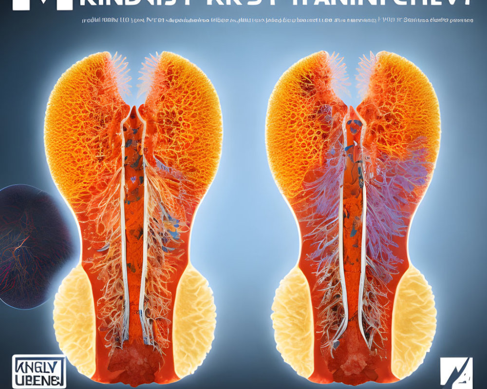 Detailed anatomical illustration of human lungs with bronchi and alveoli network on dark background.