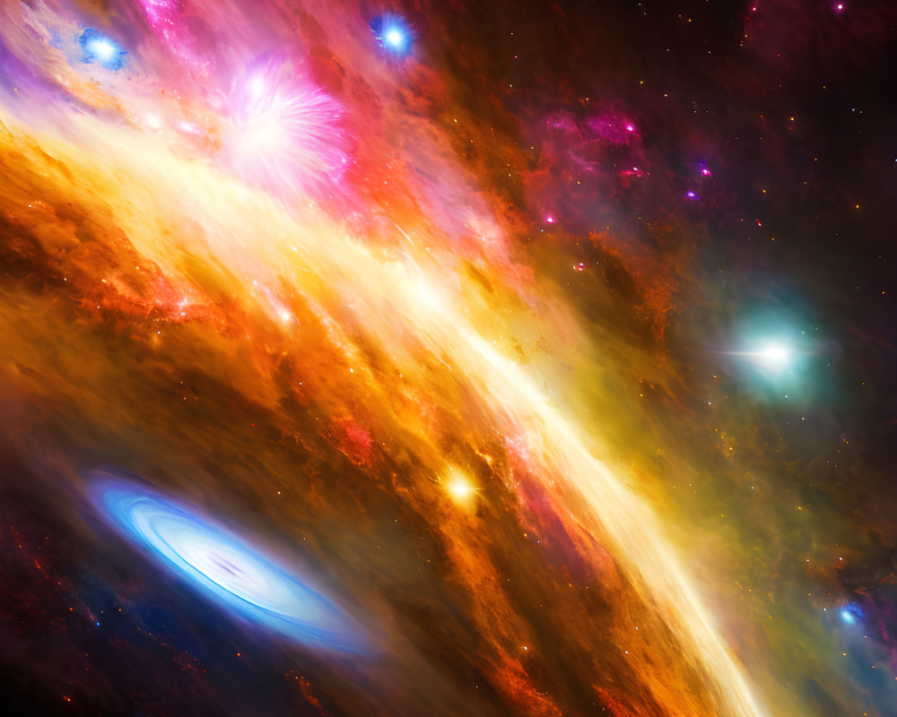 Colorful Cosmic Scene with Radiant Galaxy & Interstellar Clouds