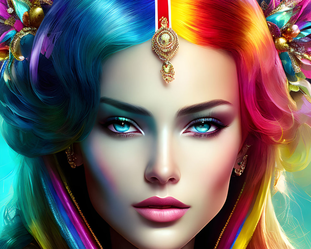 Colorful digital portrait of a woman with rainbow hair and blue eyes in ornate jewelry.