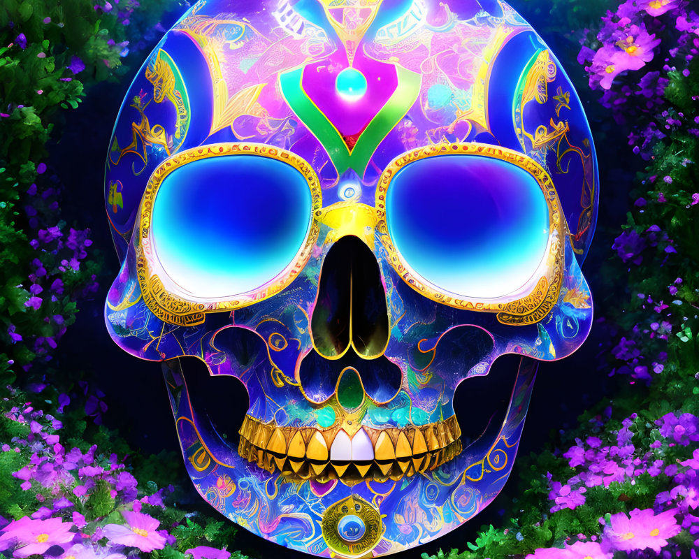 Colorful Skull Illustration with Floral and Psychedelic Patterns on Purple Flower Background