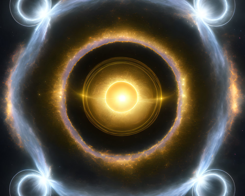 Digital Cosmic Scene with Glowing Rings and Golden Swirls in Dark Space