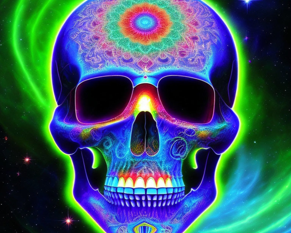 Neon-colored skull with sunglasses on swirling green background