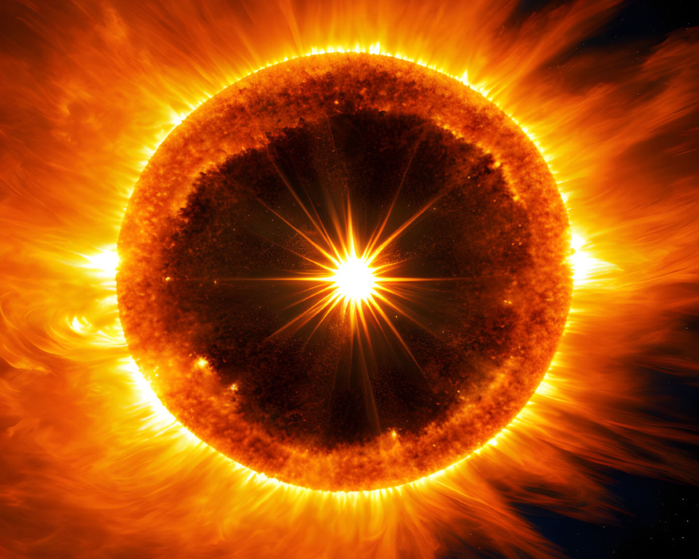 Detailed Illustration of Fiery Sun with Solar Flares and Corona