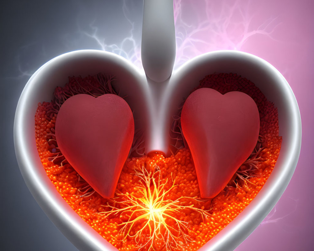 Conceptual image: Spoon over heart-shaped bowl with red hearts, energy burst, purple background