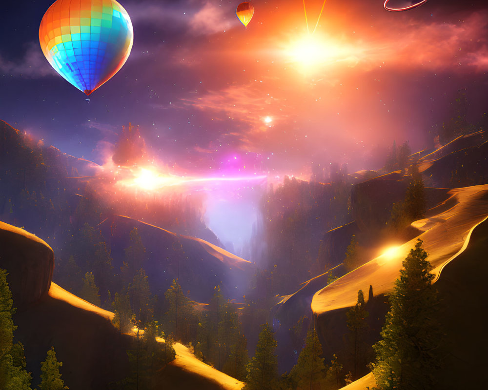 Surreal landscape with hot air balloons, vibrant sunset, ringed planet, and luminous waterfall