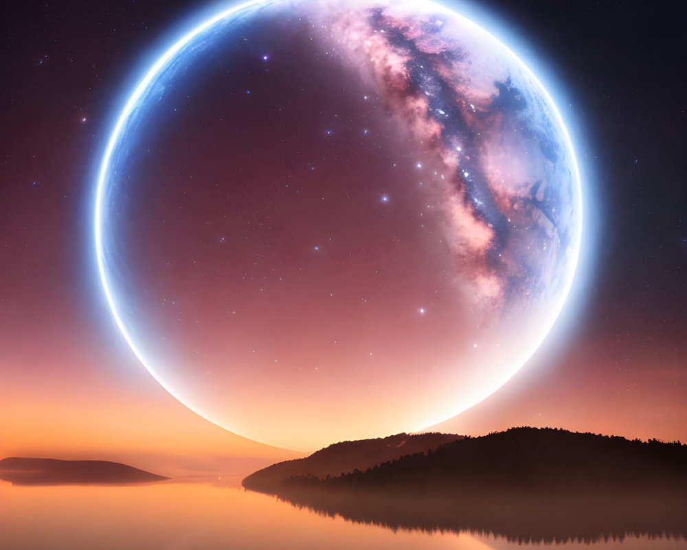 Surreal lakeside view with colossal planet at twilight