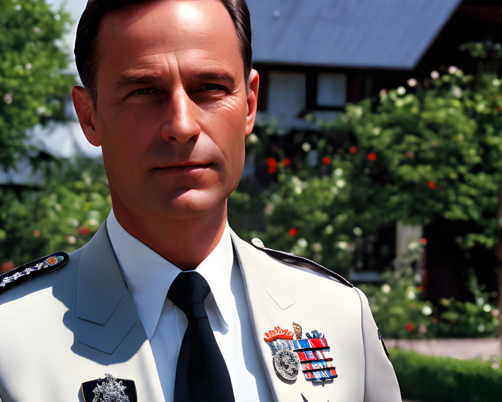 Decorated military man in uniform with medals standing confidently amidst greenery and building.