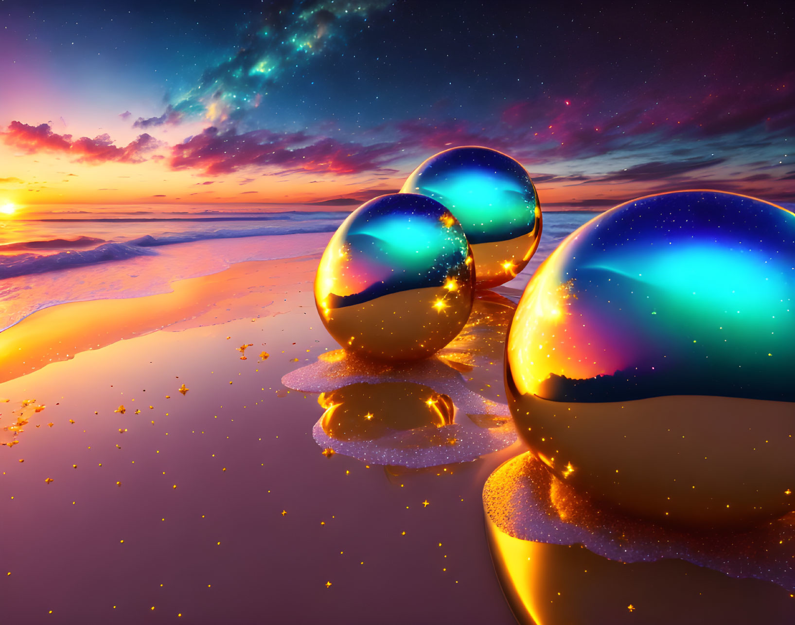 Glossy spheres reflecting sunset and starry sky on serene beach