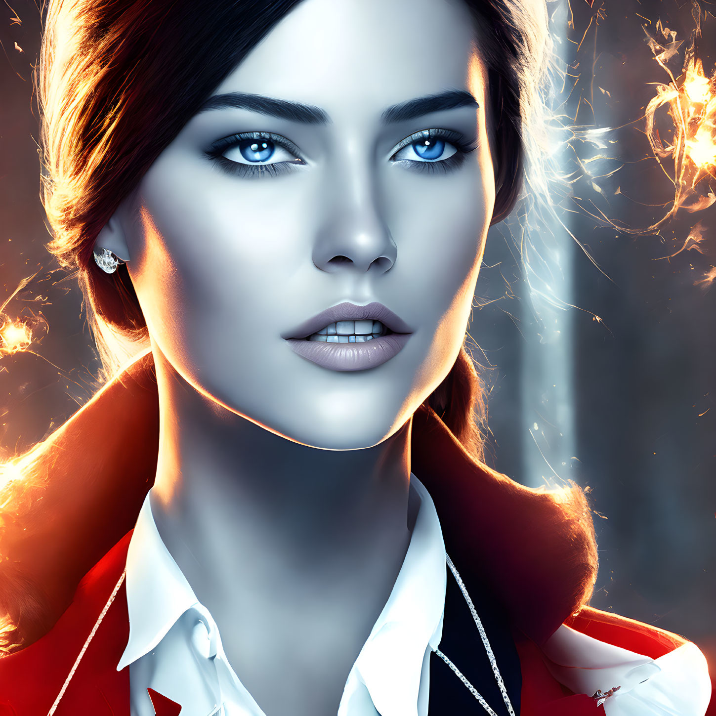 Digital artwork: Woman with blue eyes, dark hair, white shirt, black jacket, glowing background