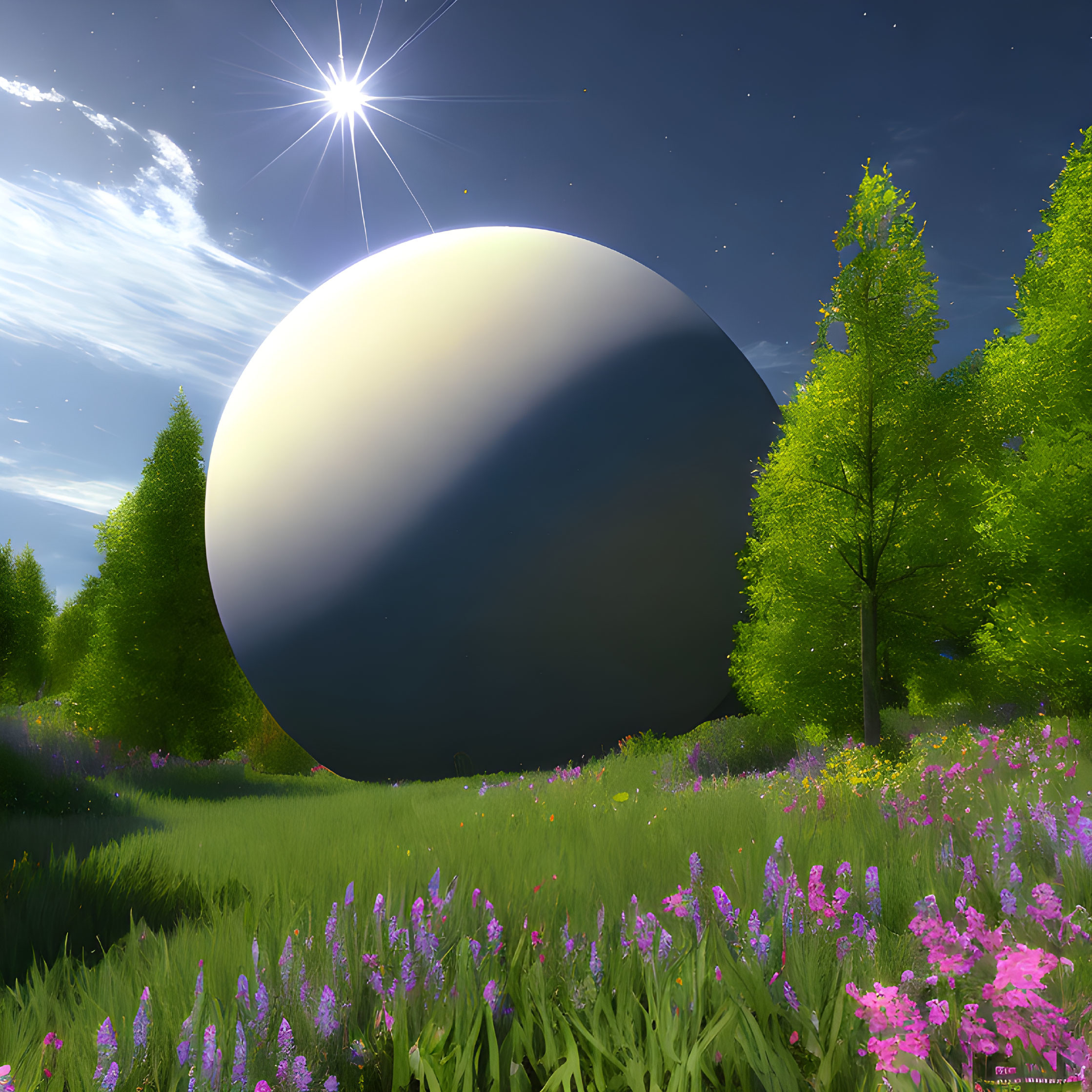 Vibrant meadow with lush trees under a vast planet - digital artwork