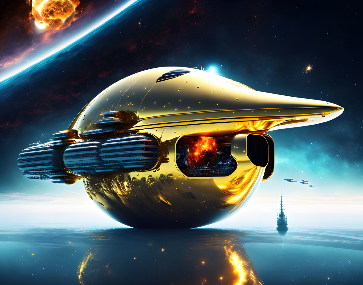 Golden spaceship with large windows travels through space.