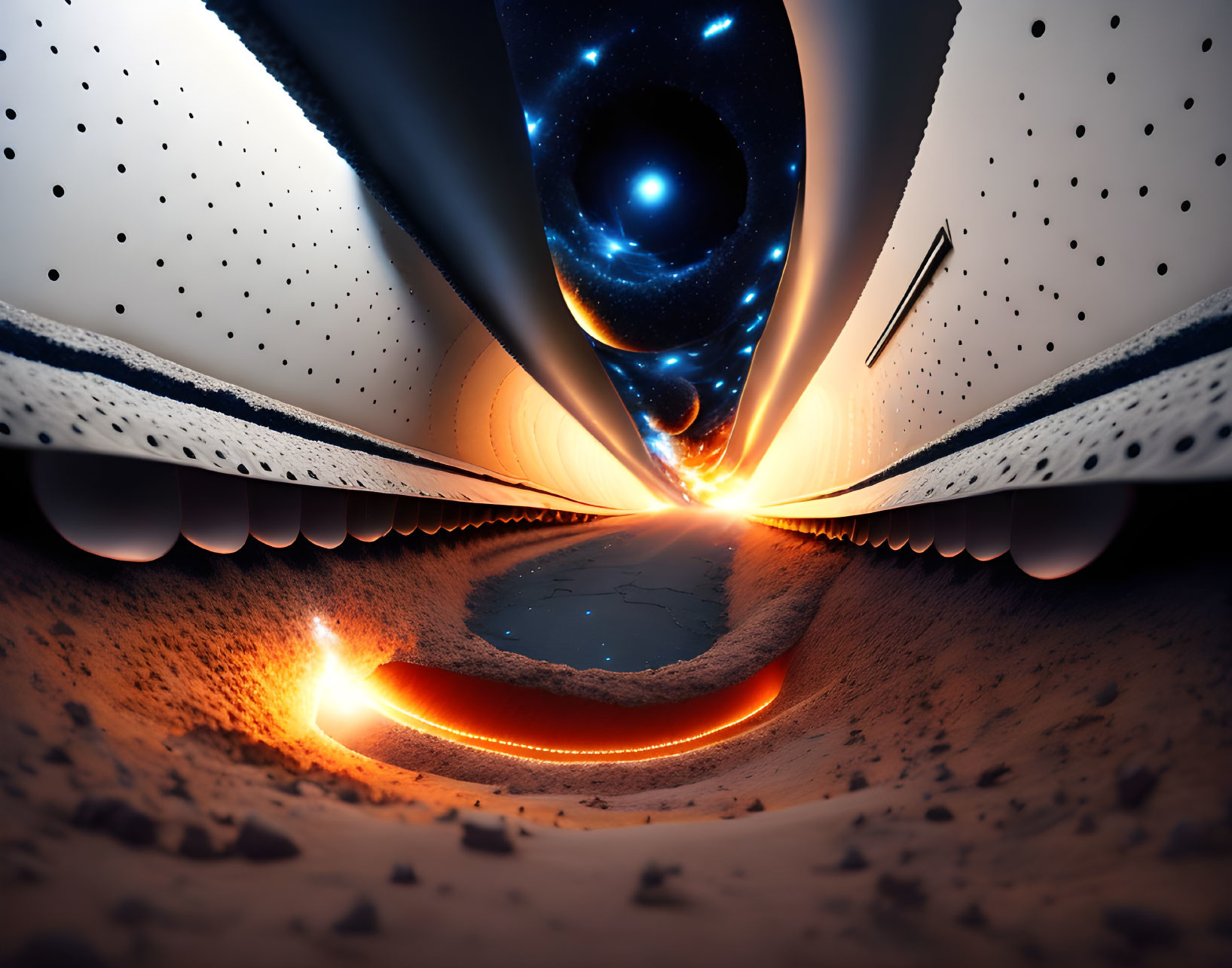 Surreal digital art: cosmic gateway with celestial bodies above fiery ground