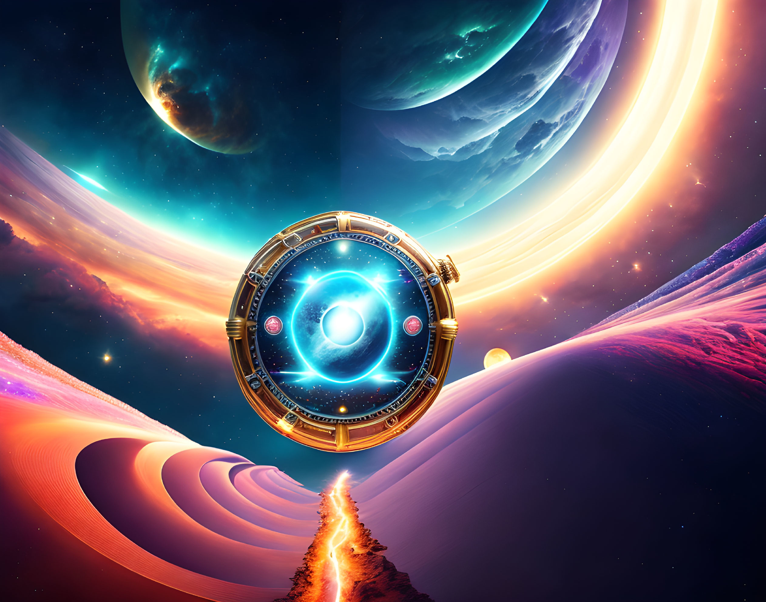 Futuristic digital artwork of cosmic portal and galaxies