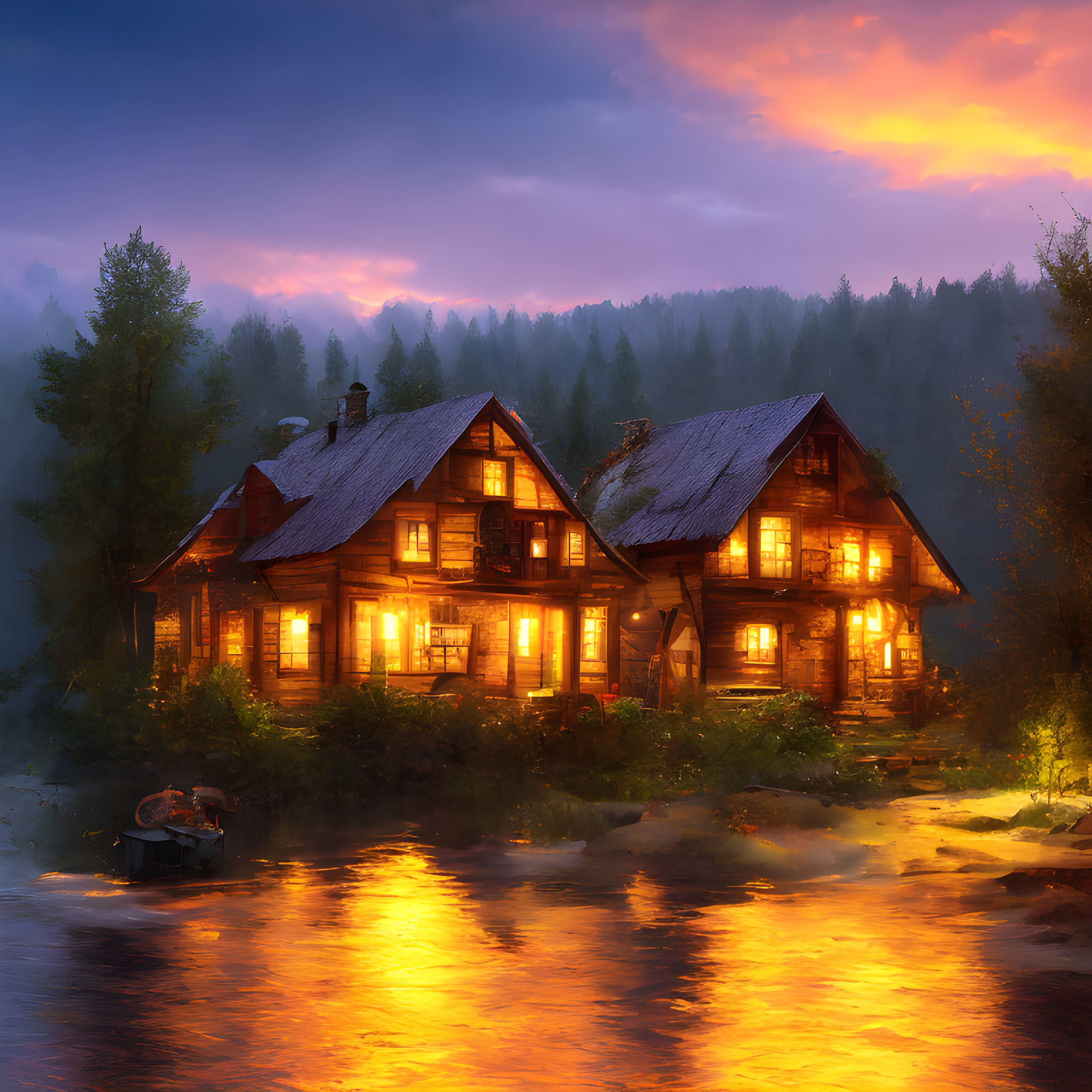 Scenic illuminated cottage by river at dusk