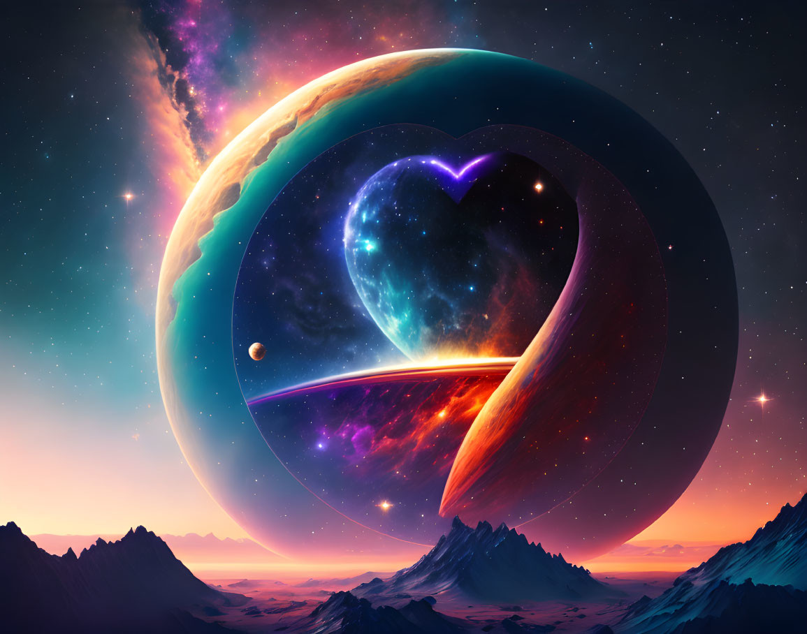 Digital artwork: Heart-shaped nebula, planets, comet, starry sky, mountains, sunset