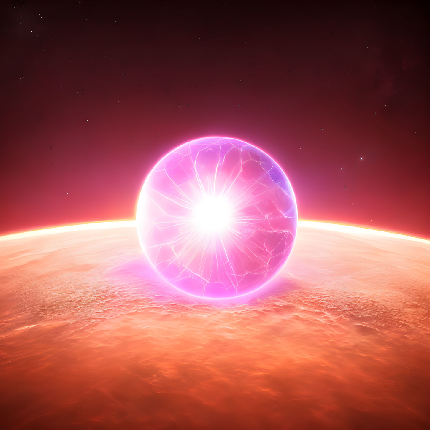 Plasma-like Sphere Above Red Planet on Starry Sky