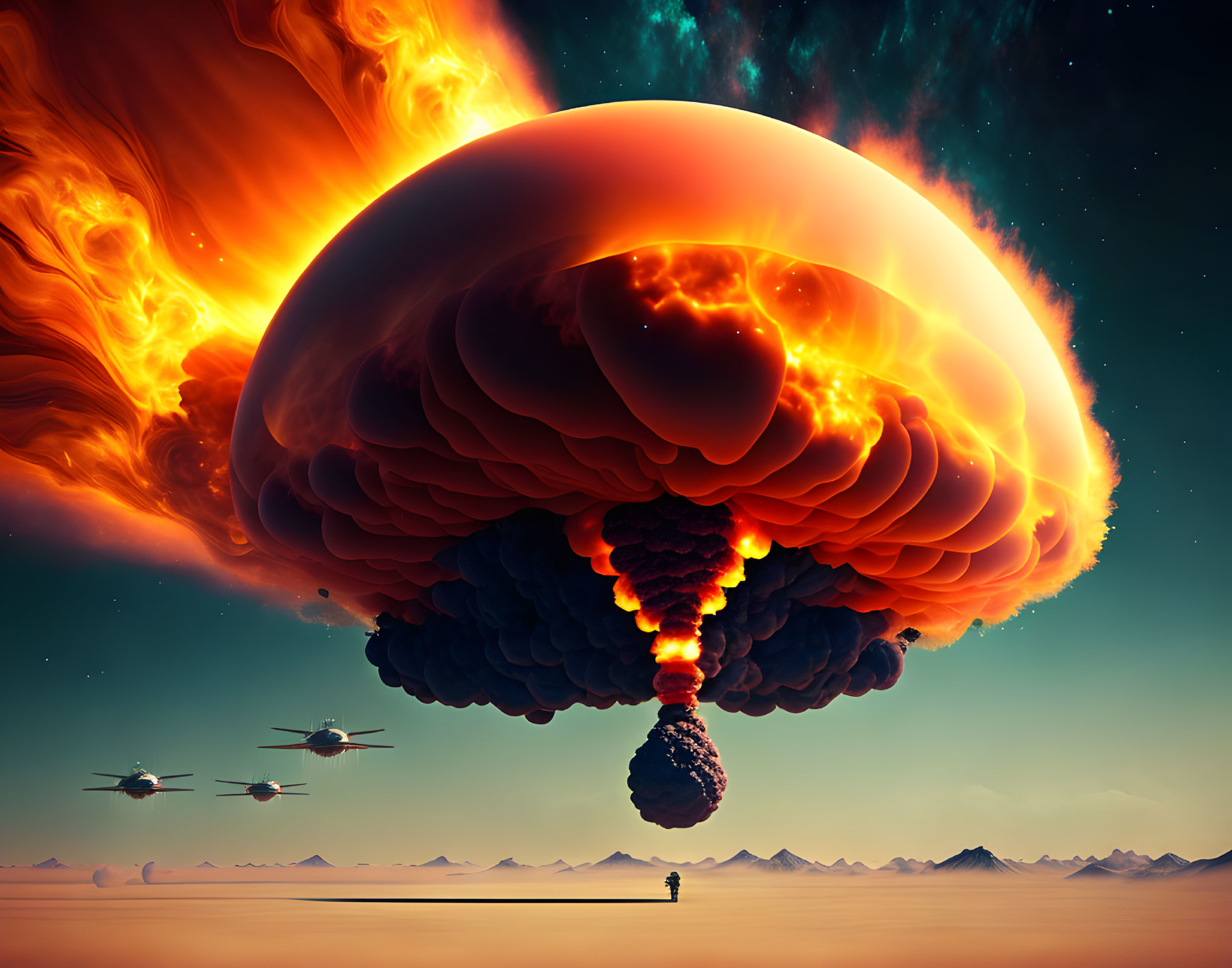 Enormous fiery mushroom cloud in surreal landscape with helicopters and solitary figure