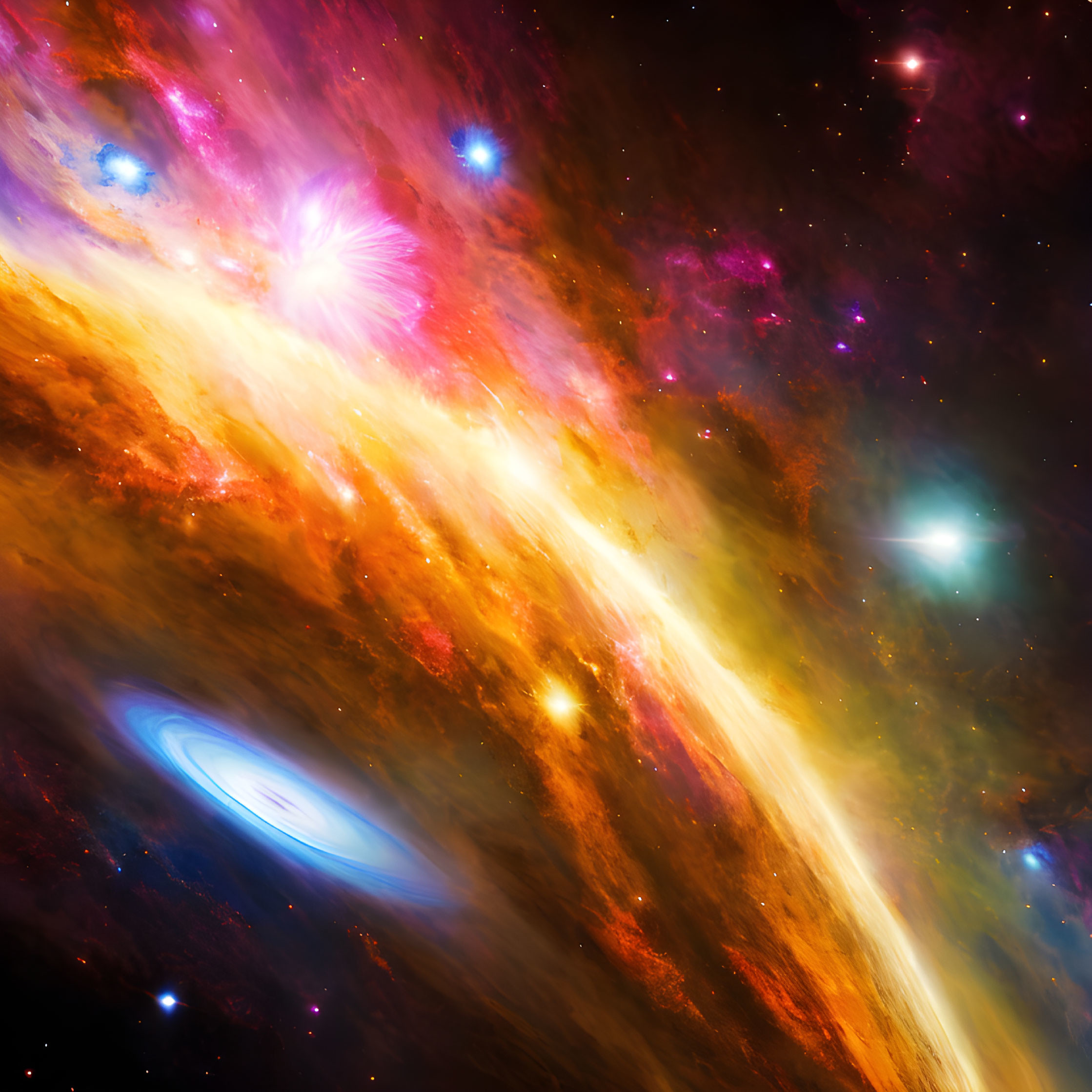 Colorful Cosmic Scene with Radiant Galaxy & Interstellar Clouds