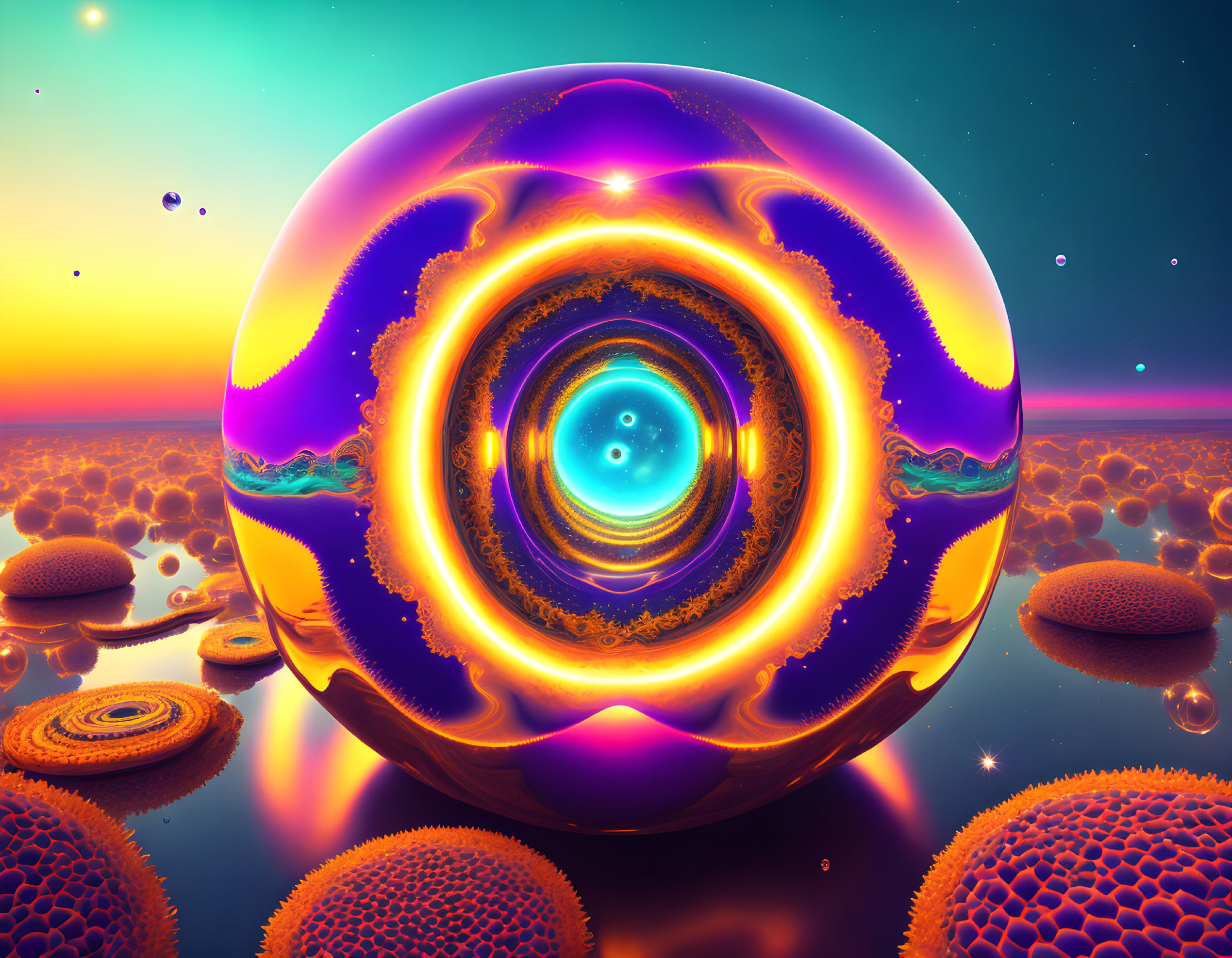 Colorful digital artwork: reflective spherical object with intricate patterns in surreal sunset landscape