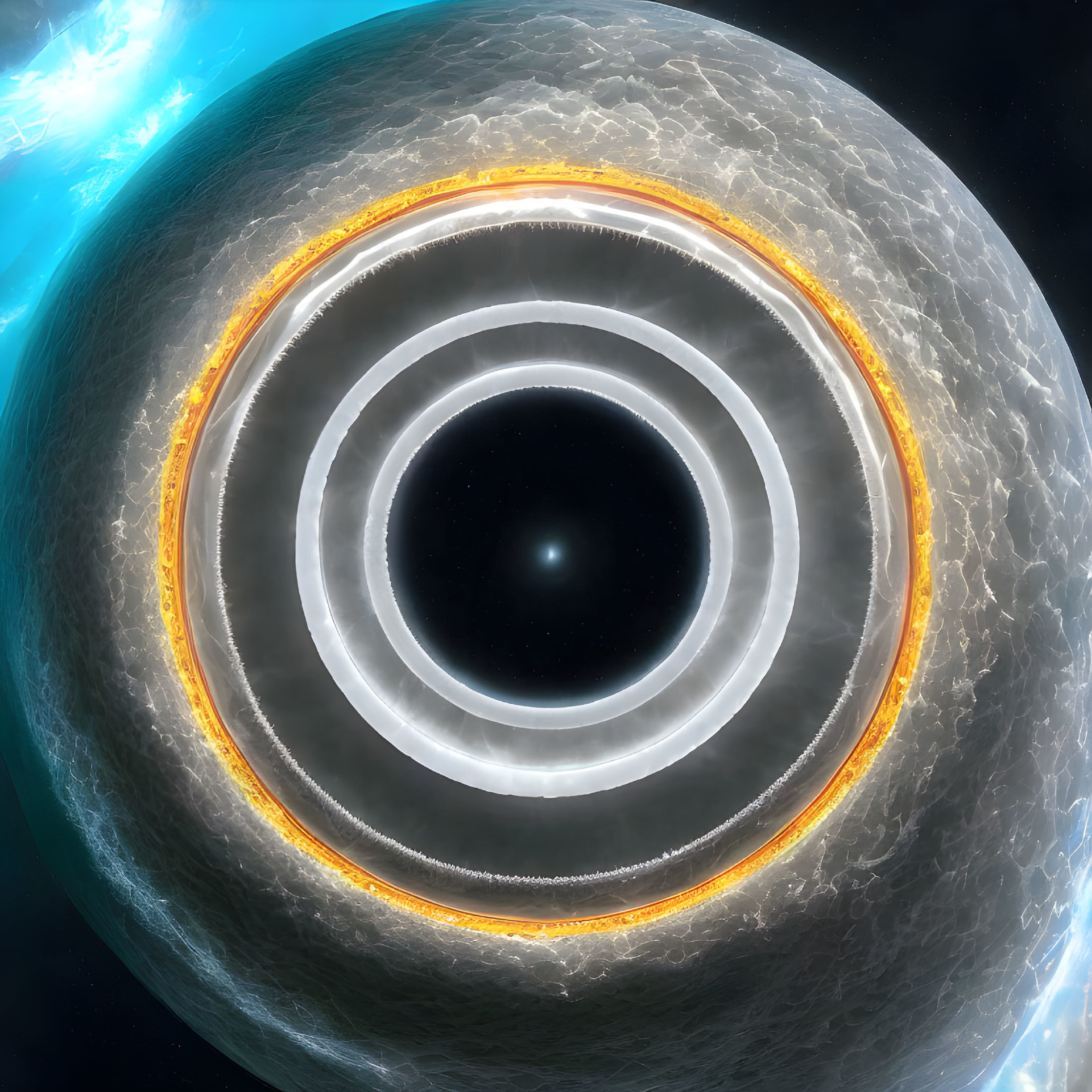 Massive space station with glowing rings orbiting a planet in futuristic artwork