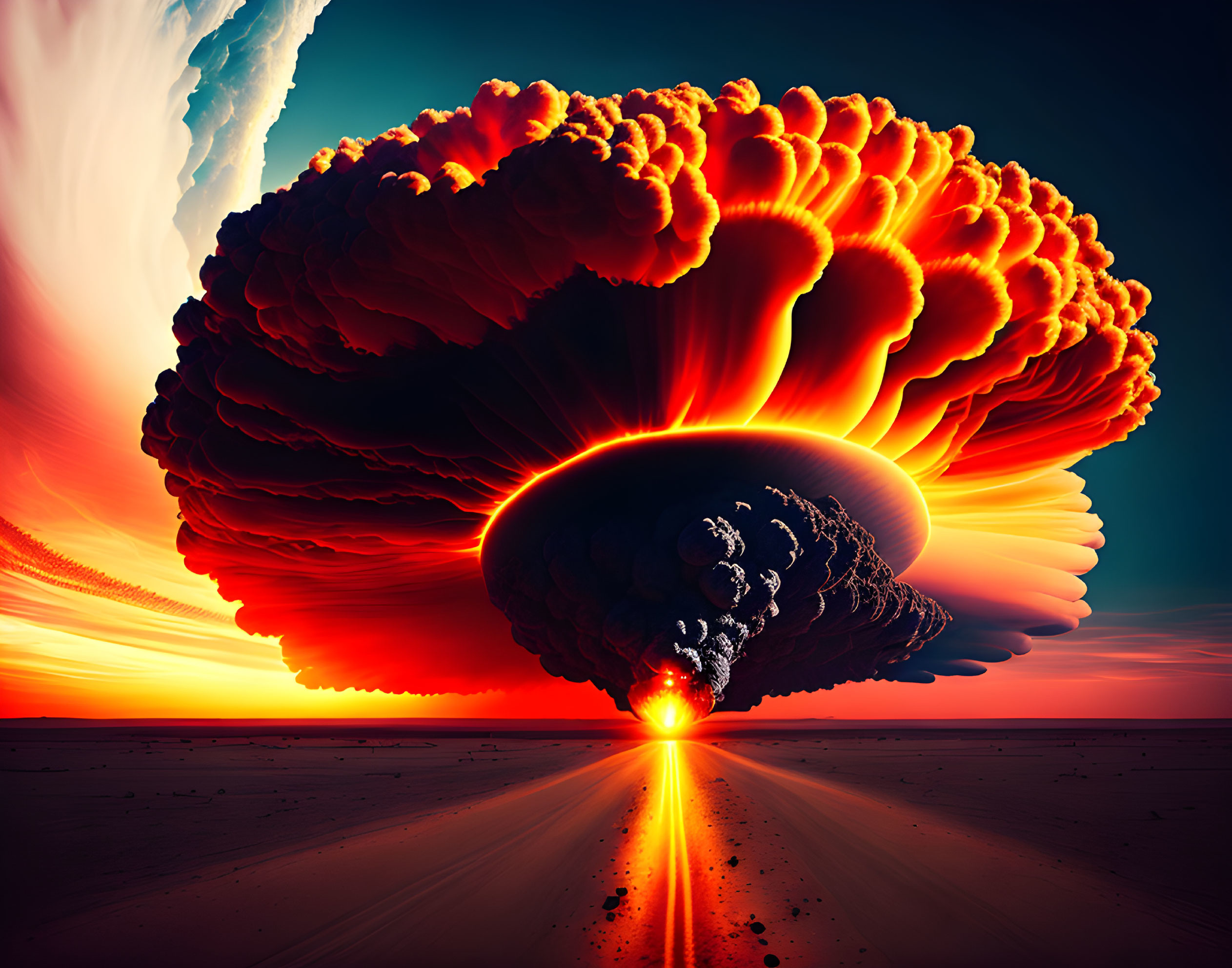 Vibrant fiery mushroom cloud against twilight sky over barren landscape