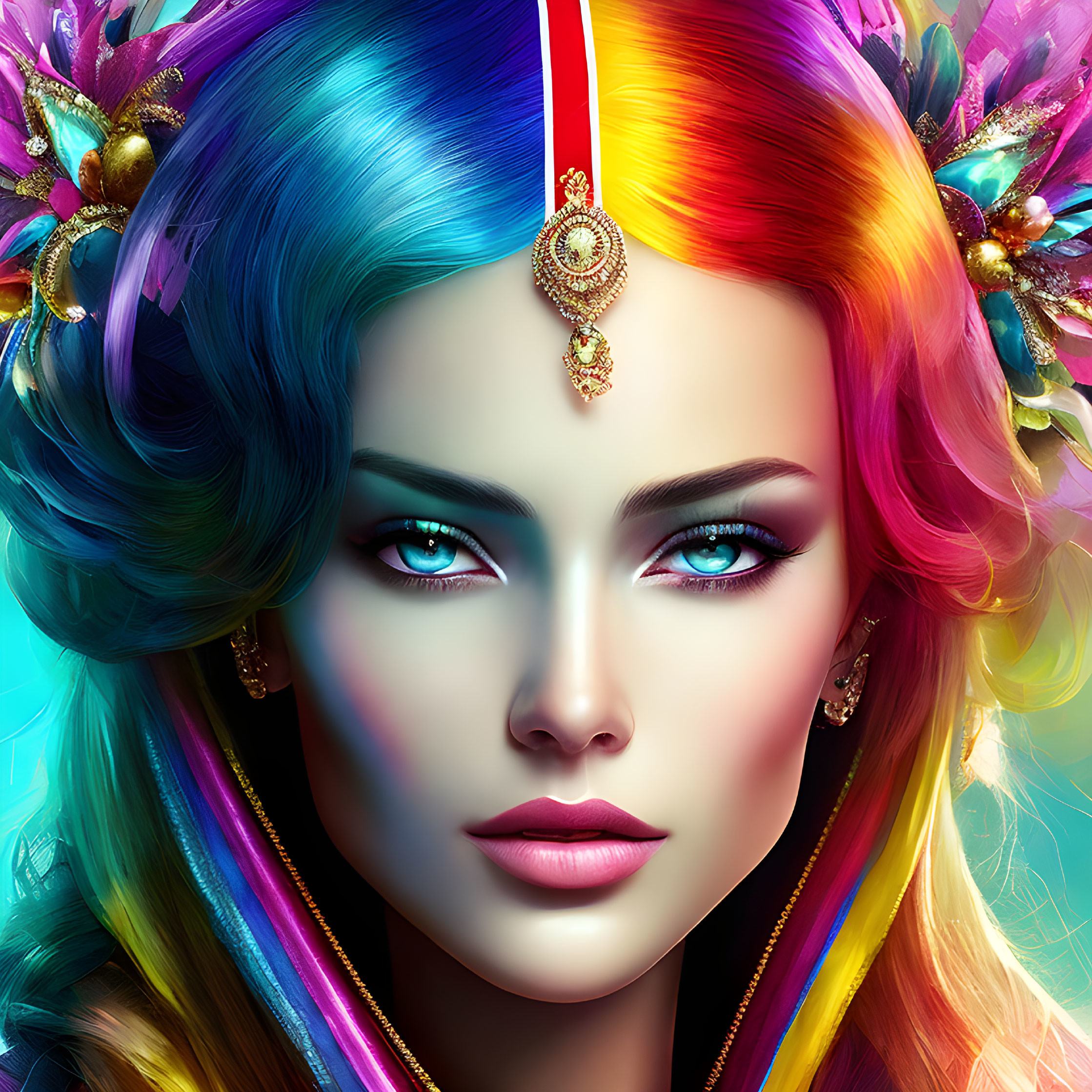 Colorful digital portrait of a woman with rainbow hair and blue eyes in ornate jewelry.