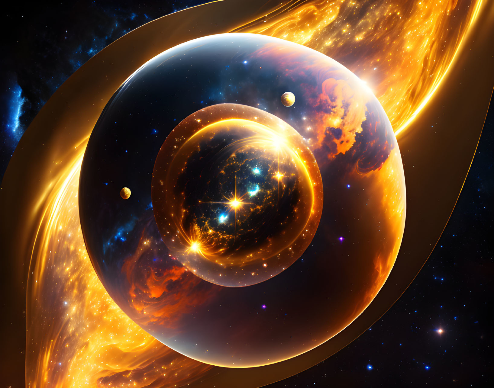 Digital art: Multiple planets in spiral with golden nebulae & stars