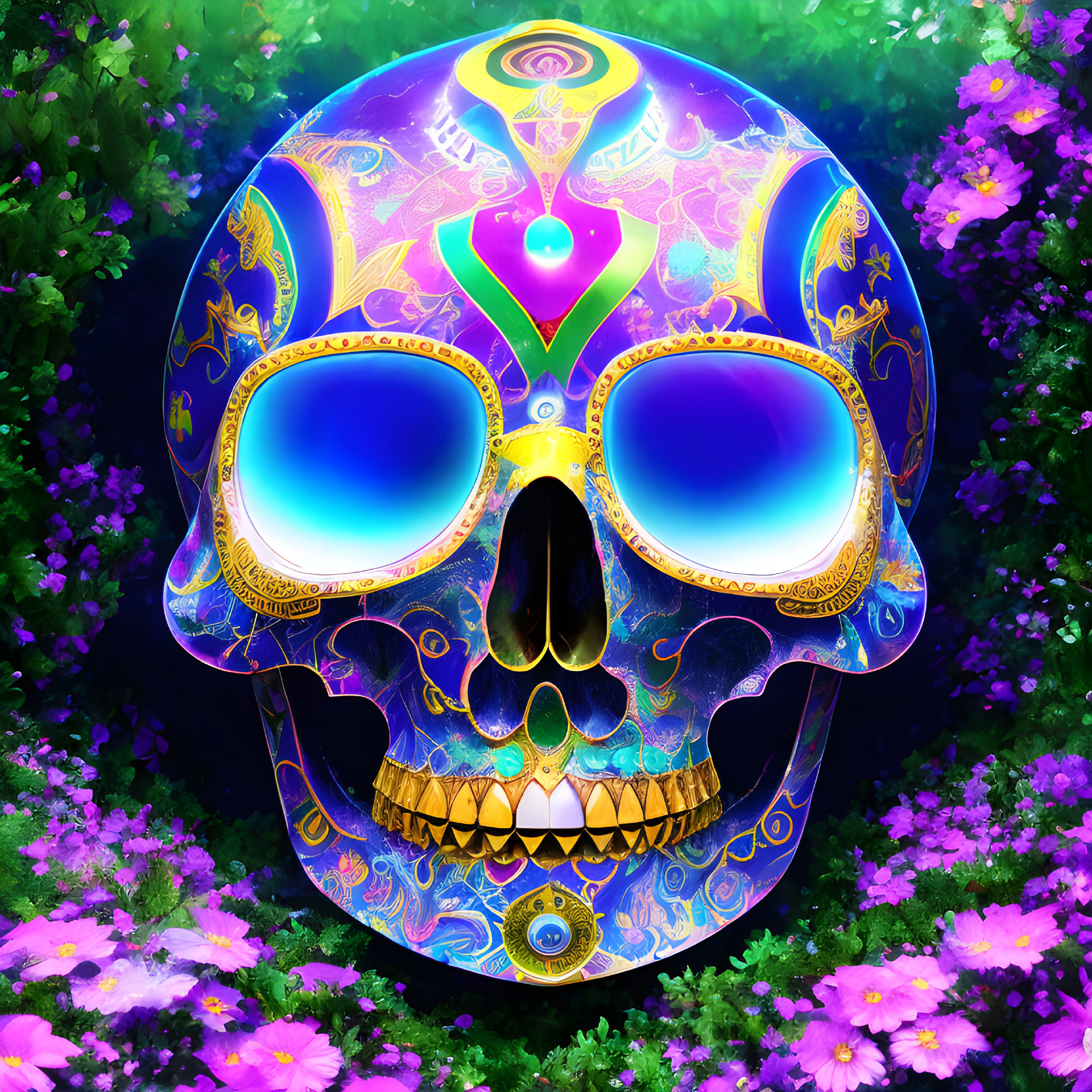 Colorful Skull Illustration with Floral and Psychedelic Patterns on Purple Flower Background