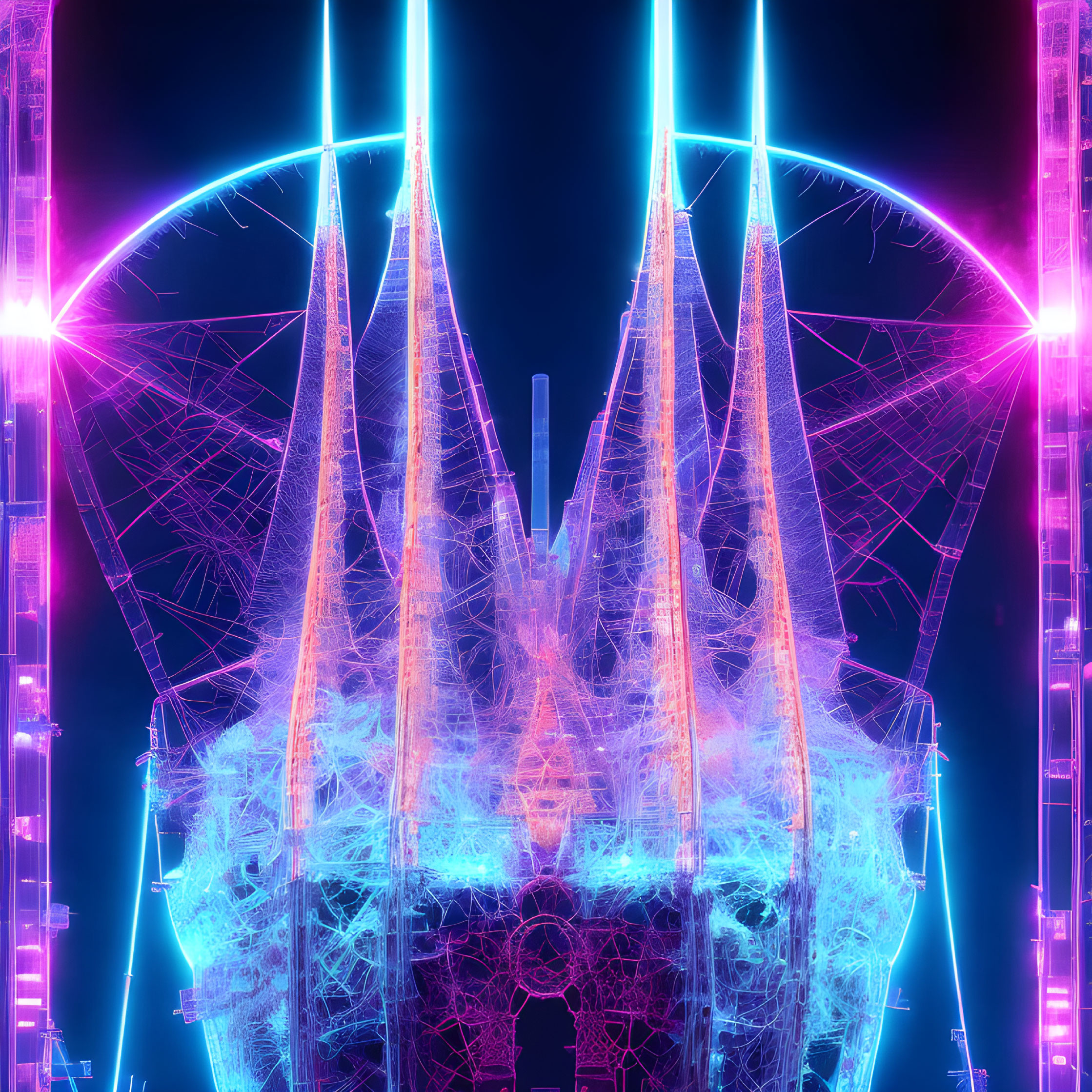 Futuristic cityscape with neon lights and spire-like structures