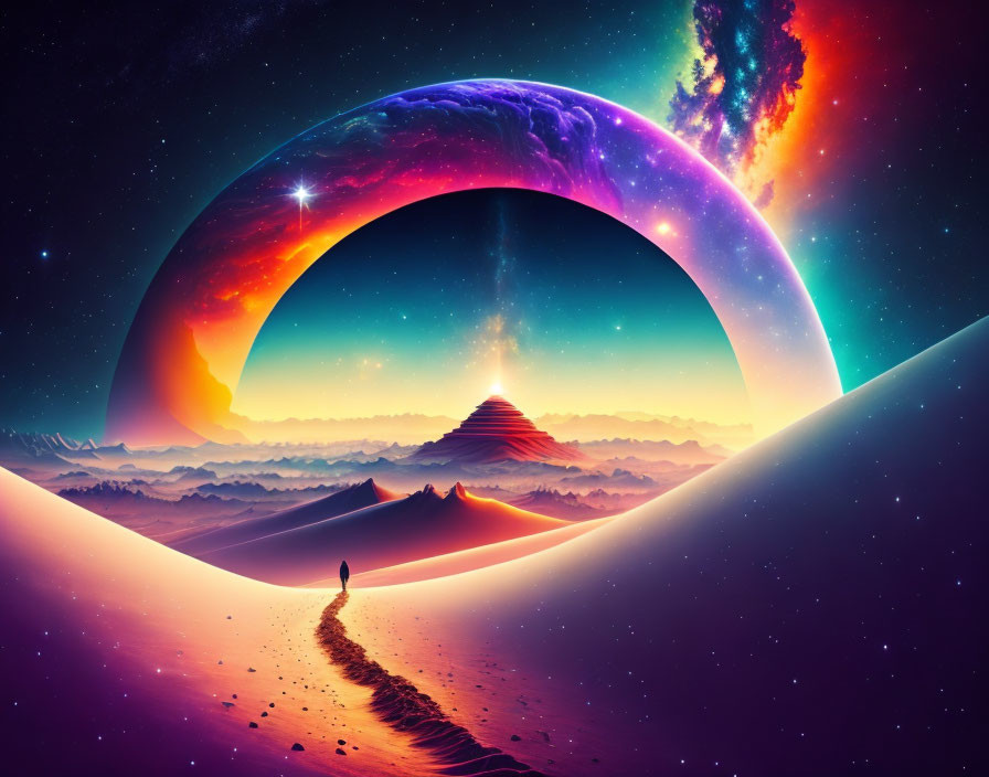 Colorful sci-fi landscape with giant ring structure, nebulae, lone figure, mountain, star