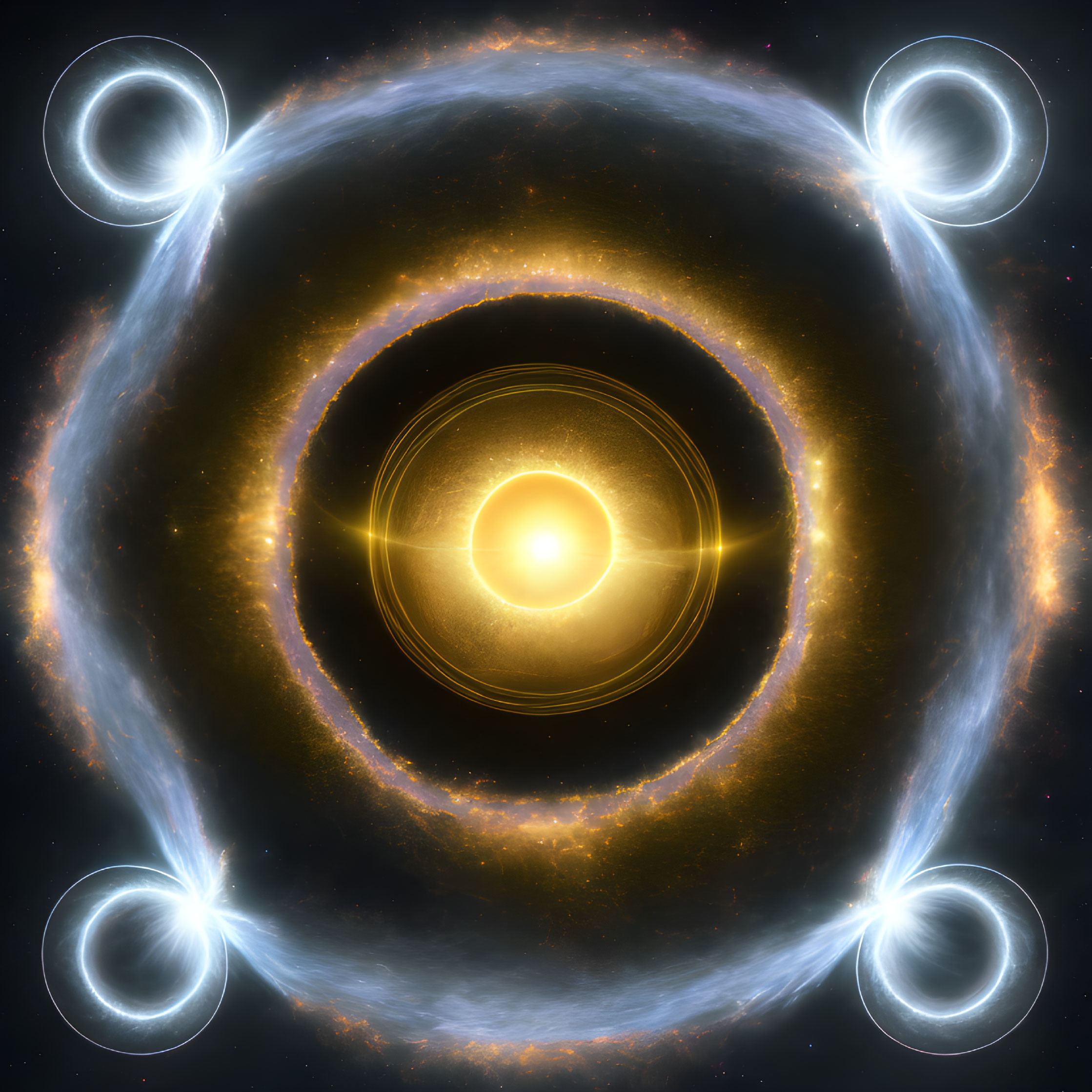 Digital Cosmic Scene with Glowing Rings and Golden Swirls in Dark Space