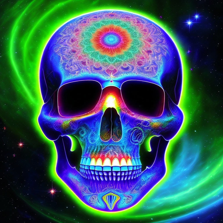 Neon-colored skull with sunglasses on swirling green background