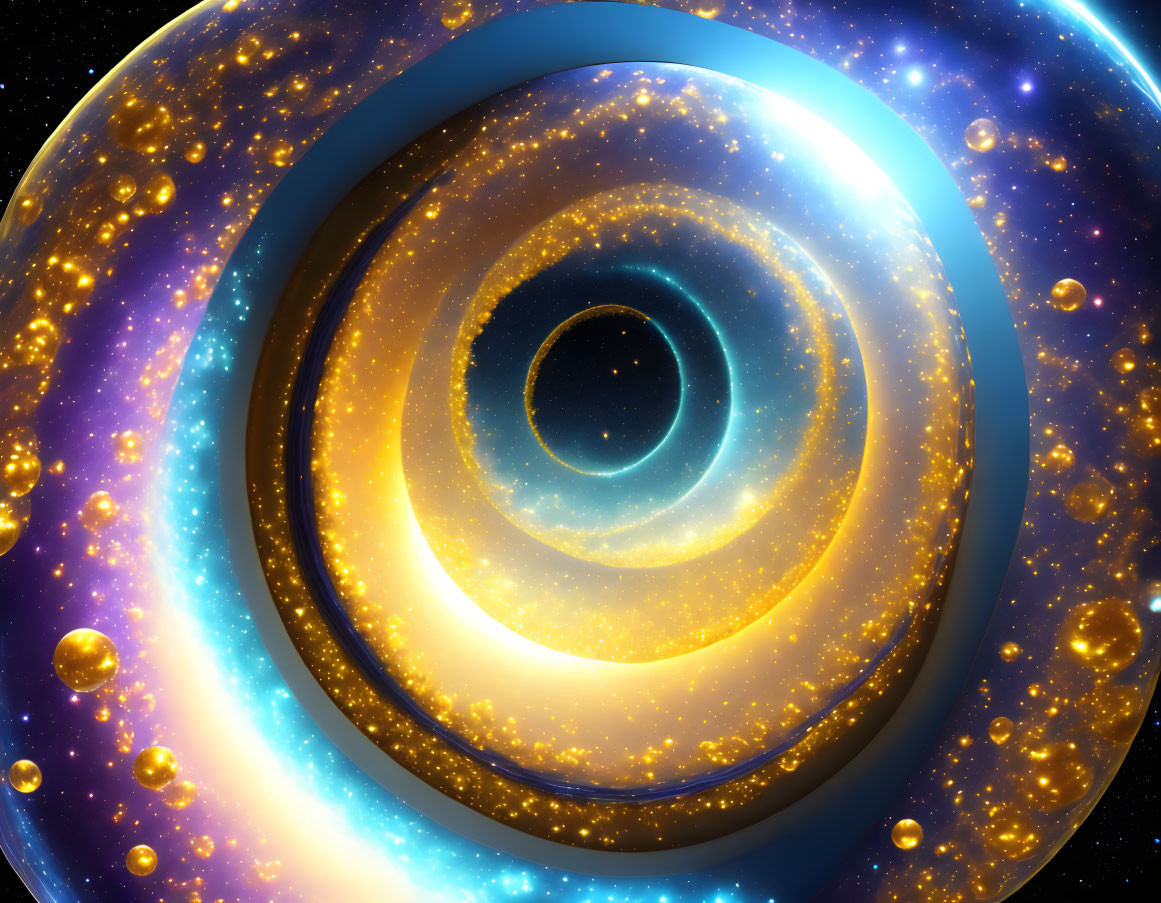 Stylized black hole with golden rings in starry space