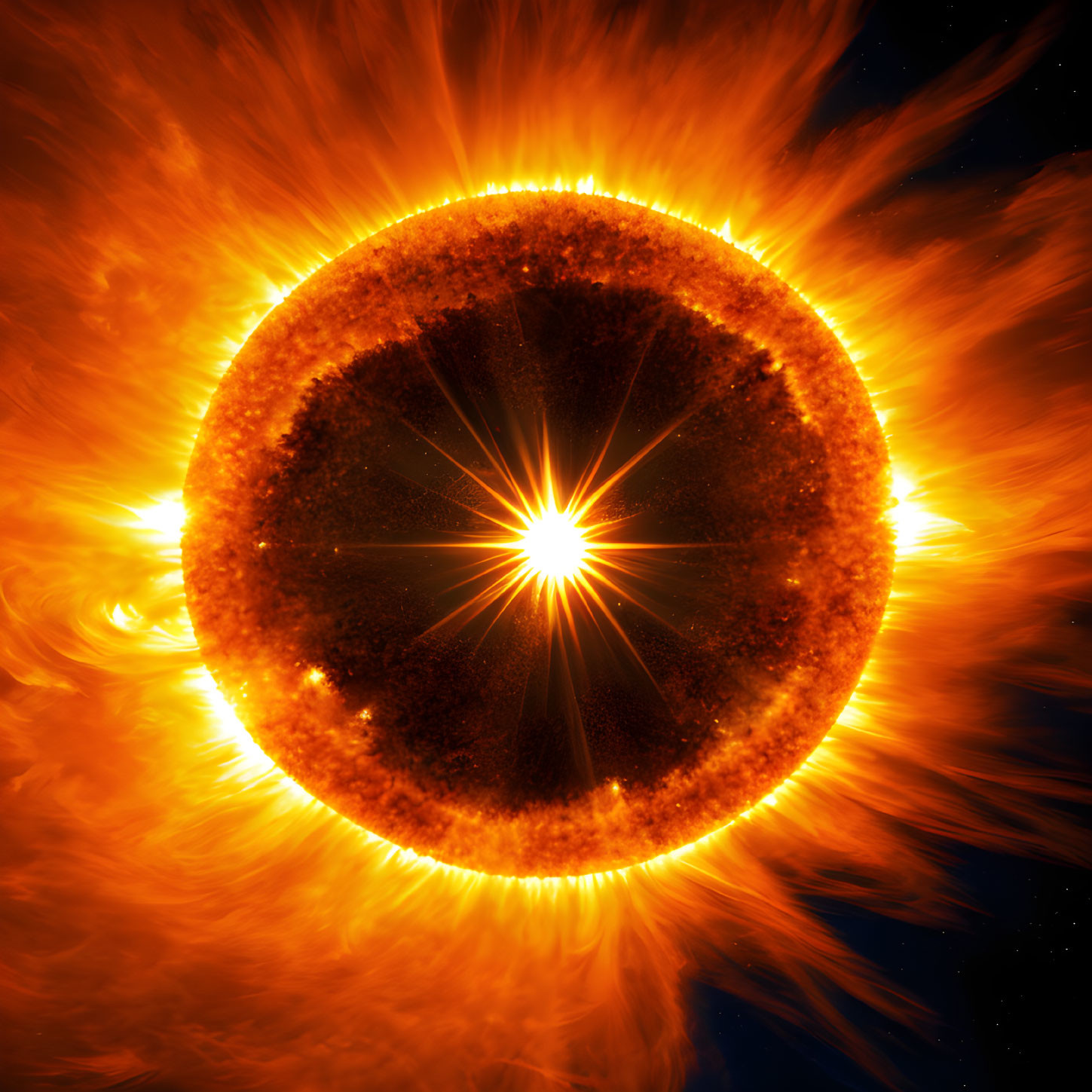 Detailed Illustration of Fiery Sun with Solar Flares and Corona