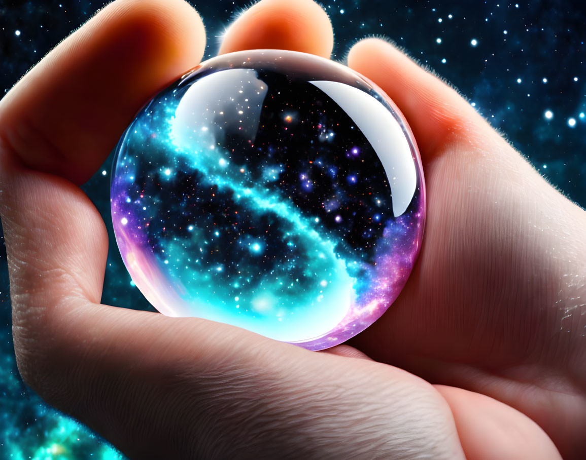 Transparent Sphere Holding Swirling Galaxy in Hand