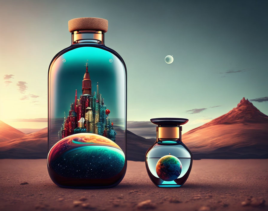 Fantasy bottles with cityscape and galaxy on desert surface at dusk