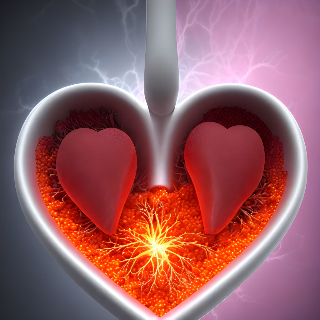 Conceptual image: Spoon over heart-shaped bowl with red hearts, energy burst, purple background