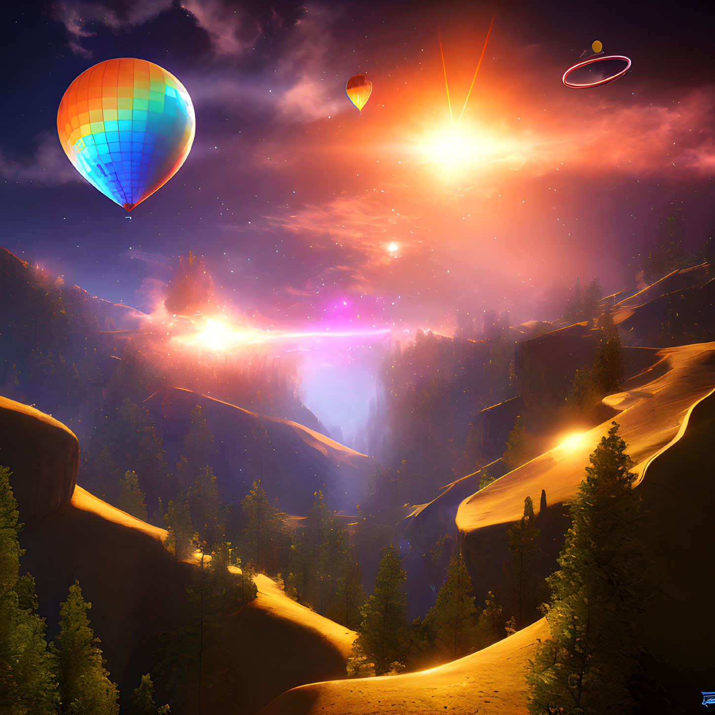 Surreal landscape with hot air balloons, vibrant sunset, ringed planet, and luminous waterfall