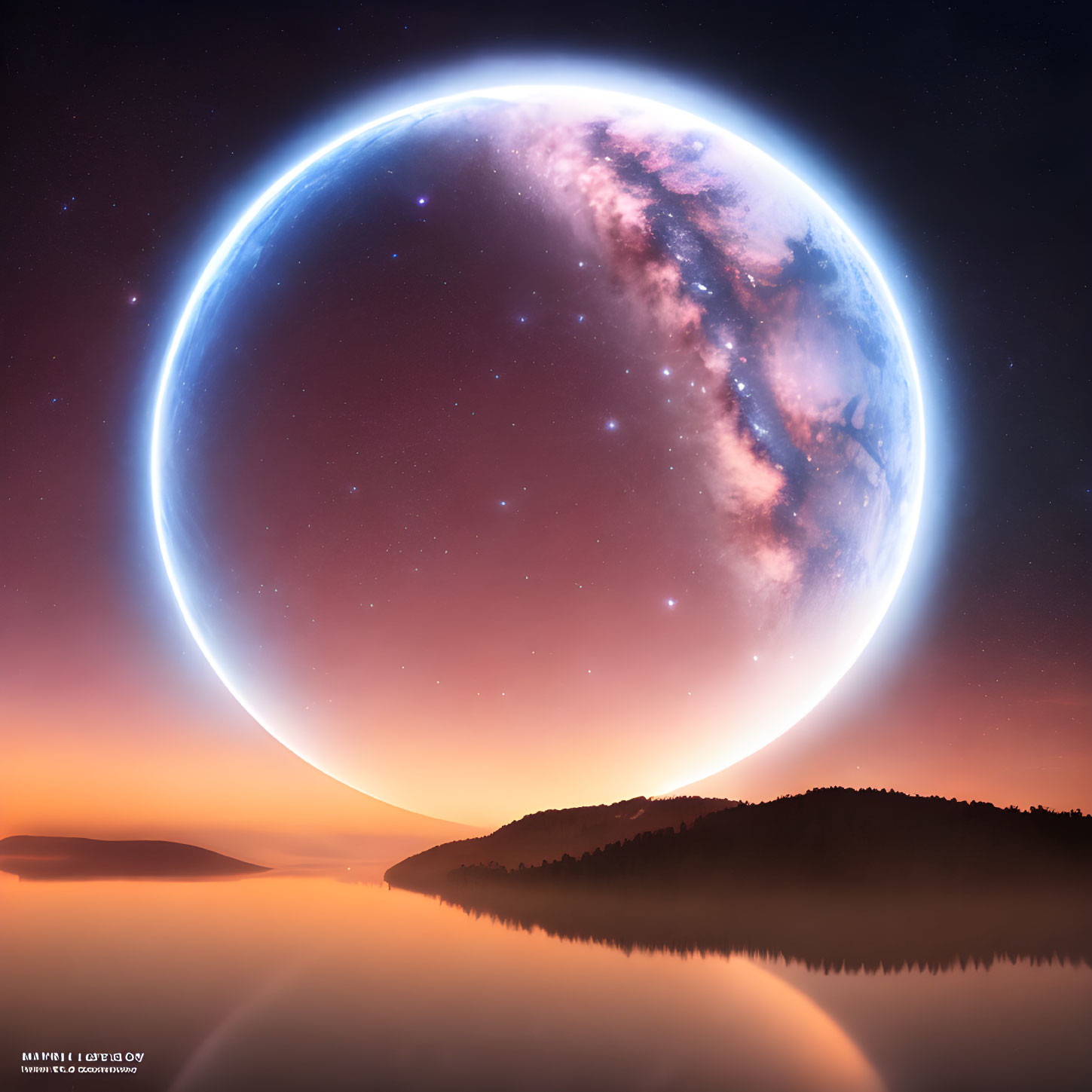 Surreal lakeside view with colossal planet at twilight