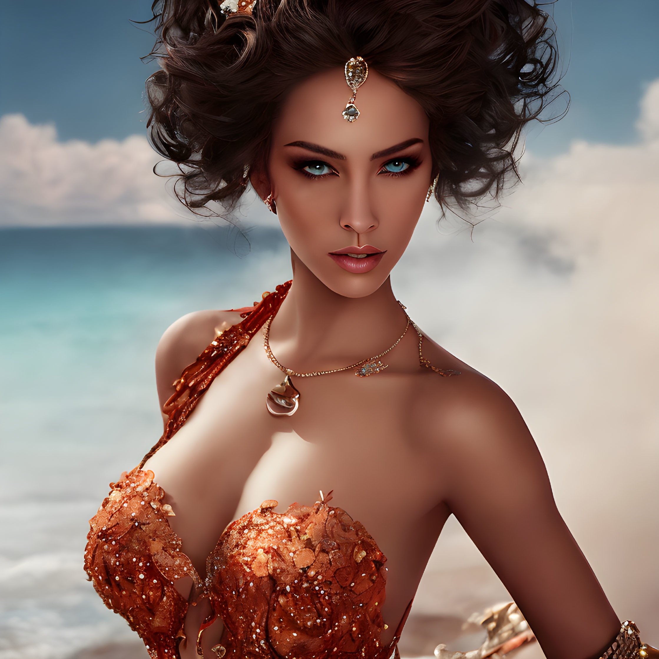 Digital artwork: Woman with blue eyes, ornate jewelry, golden outfit on beach.