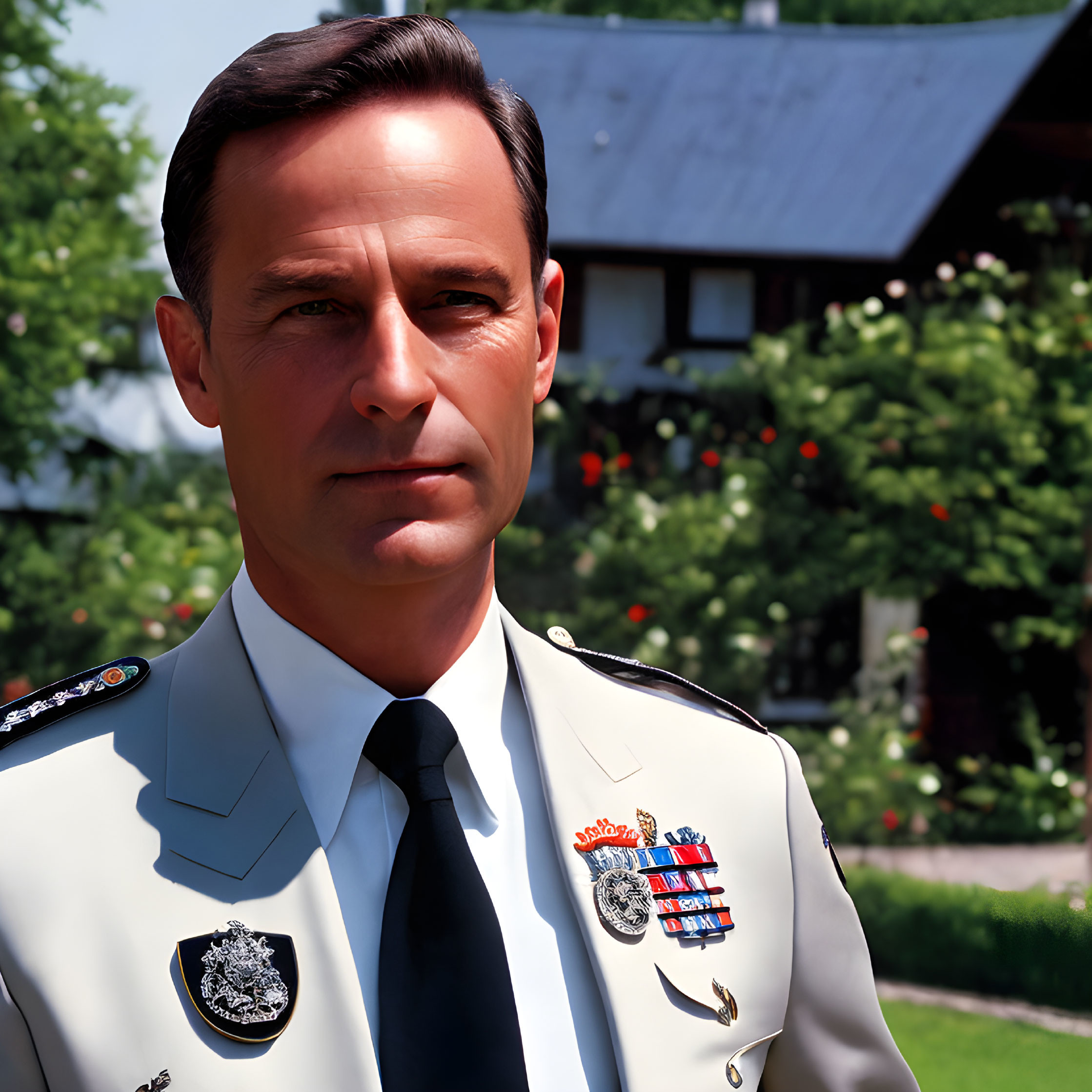 Decorated military man in uniform with medals standing confidently amidst greenery and building.