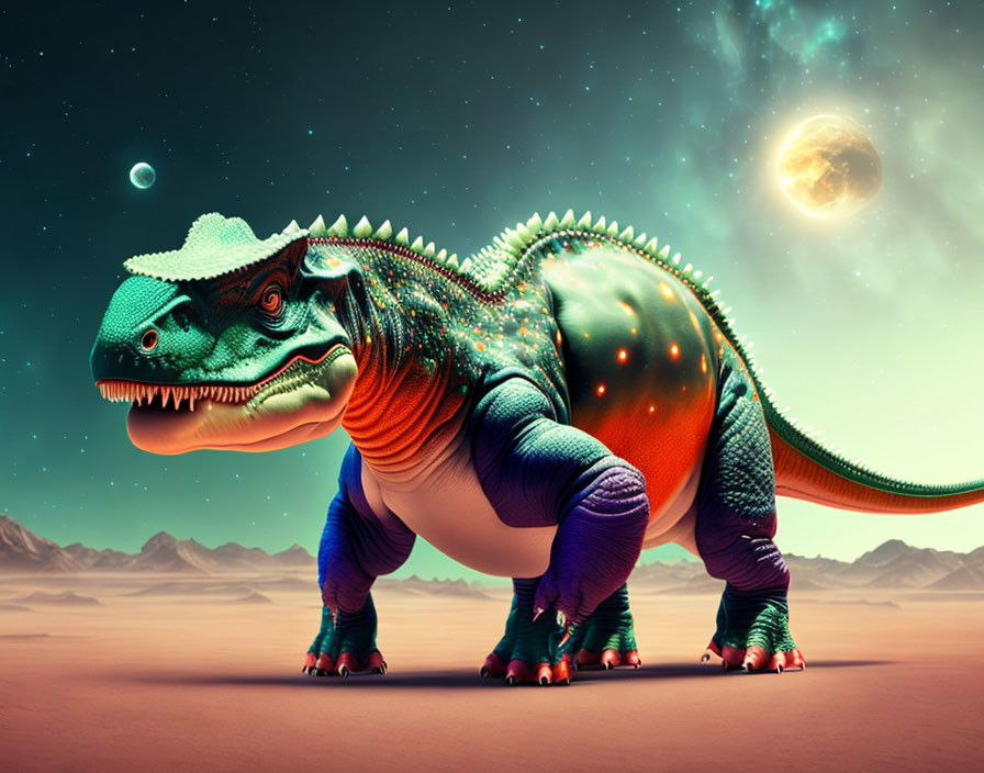 Colorful Dinosaur with Iridescent Scales in Desert Night Sky