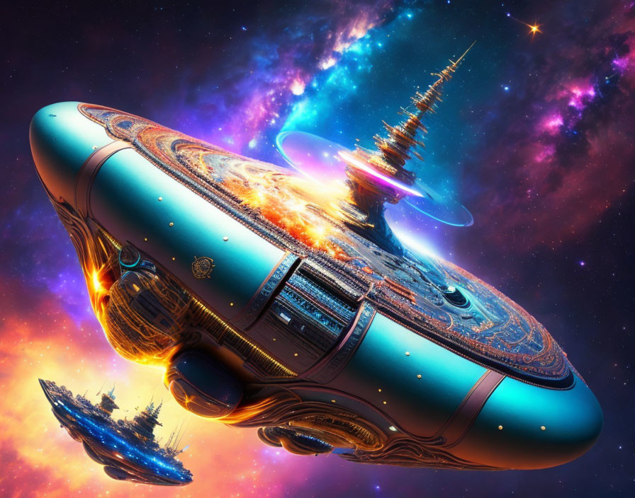 Futuristic spaceships in vibrant digital artwork