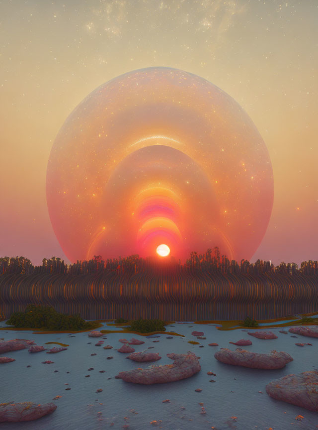 Surreal landscape with oversized shell-like structures under orange sky