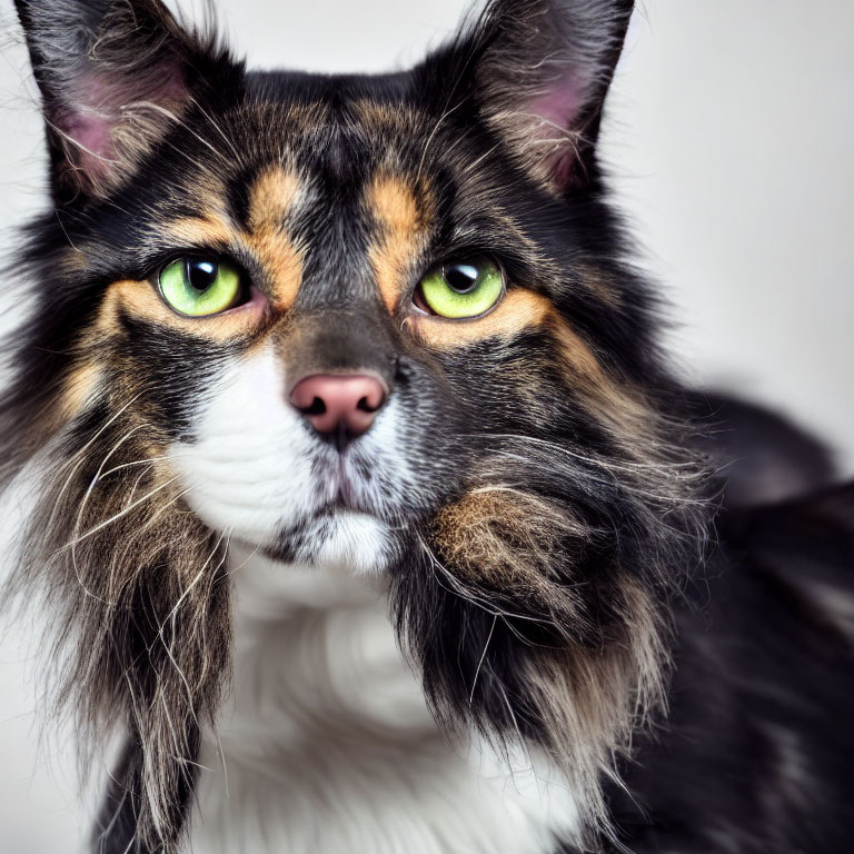 Fluffy Maine Coon Cat with Green Eyes and Multicolored Fur