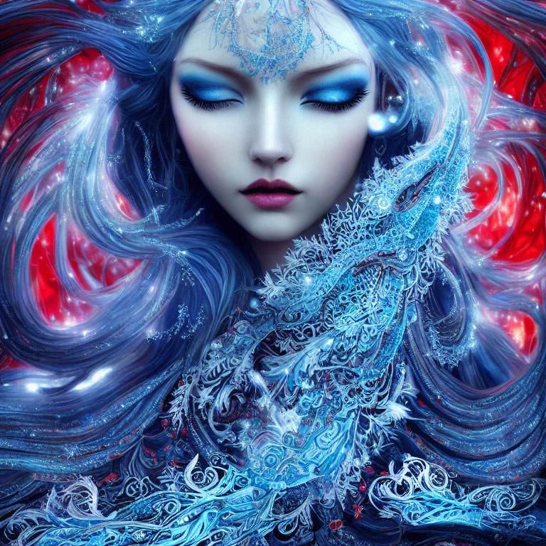 Illustrated fantasy woman with swirling blue hair and intricate icy blue patterns.