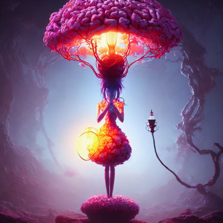 Surreal artwork of female figure with lantern and brain-shaped canopy on purple backdrop