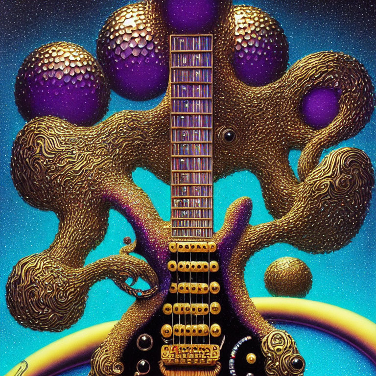 Abstract electric guitar art with tree-like forms and purple textures under starry sky